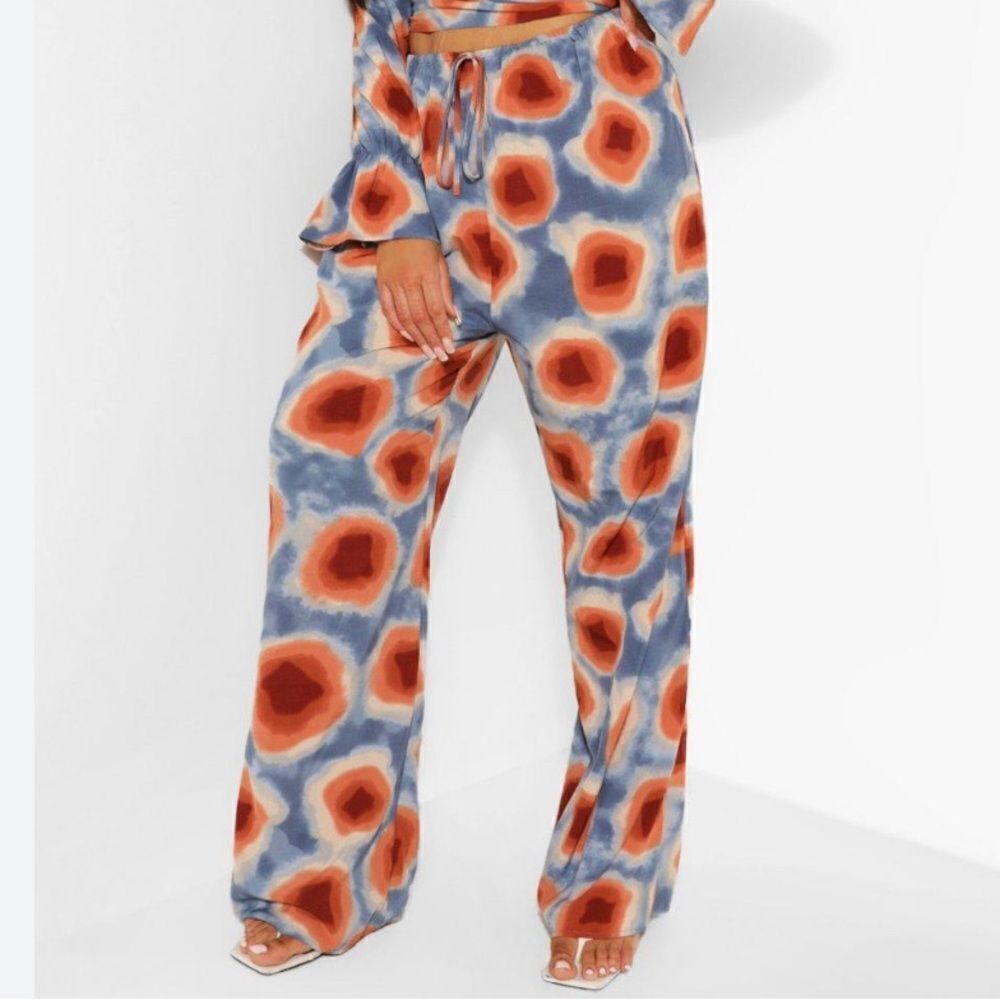BOO HOO BLUE ORANGE PLUS TIE DYE WIDE LEG PANTS ELASTIC WAIST Sz 12
